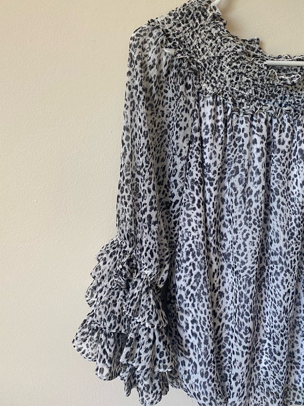 CeCe Leopard Print Smocked Off-Shoulder Ruffle Sleeve Top - Picture 2 of 5
